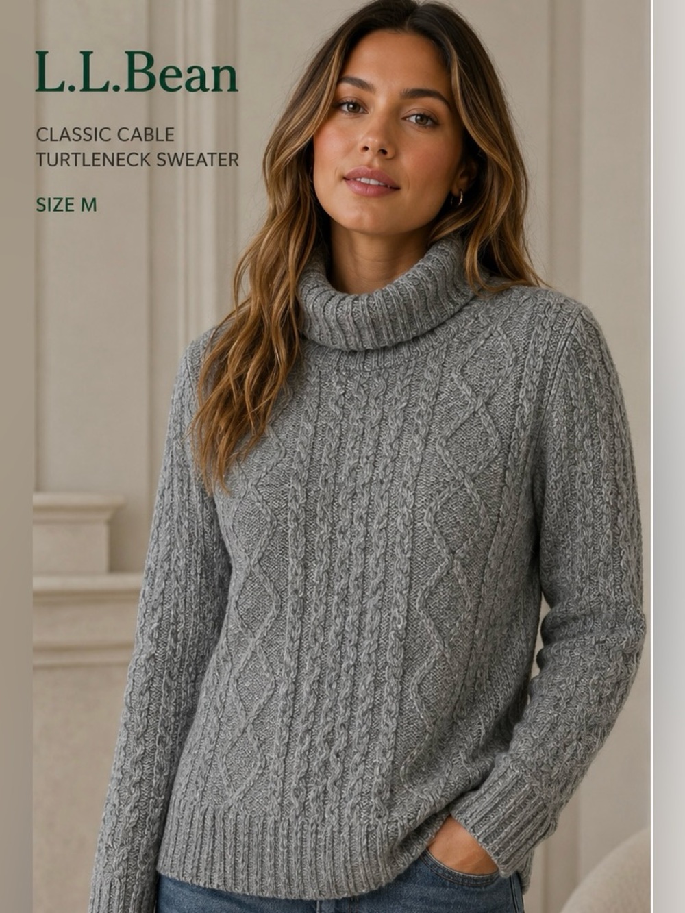 L.L. Bean Cable Knit Turtleneck Sweater - Gray